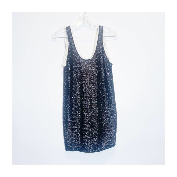 Wilfred Silk Black Mix Sequin mini dress with white frayed detailing SZXS - Picture 1 of 7